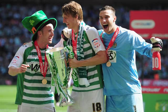 Marek Stech celebrates promotion with Yeovil Town after beating Brentford in the League One play-off final in 2013.