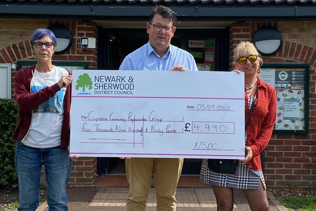 Clipstone Community Regeneration Group received a cheque for £4,990 from the Community Grant Scheme set up by Newark and Sherwood District Council