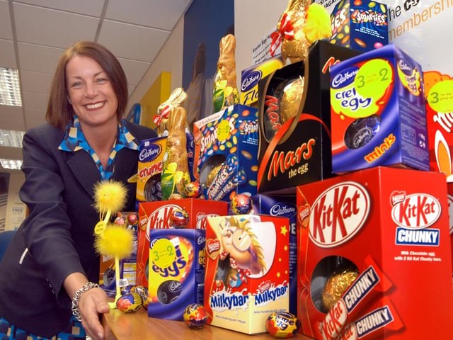 Rachael Hussain, of Hucknall's Co-op TravelCare in 2007, pictured with the branch's charity Easter Egg Collection.