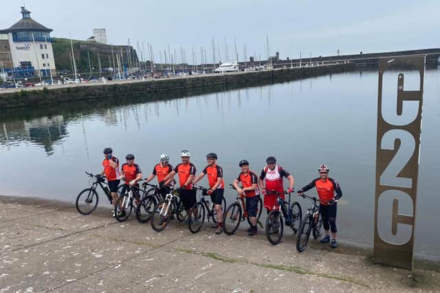 All ready for the off! The cyclists on the Cumbrian coast on day one of their 141-mile, three-day marathon to raise thousands of pounds for a cancer charity.
