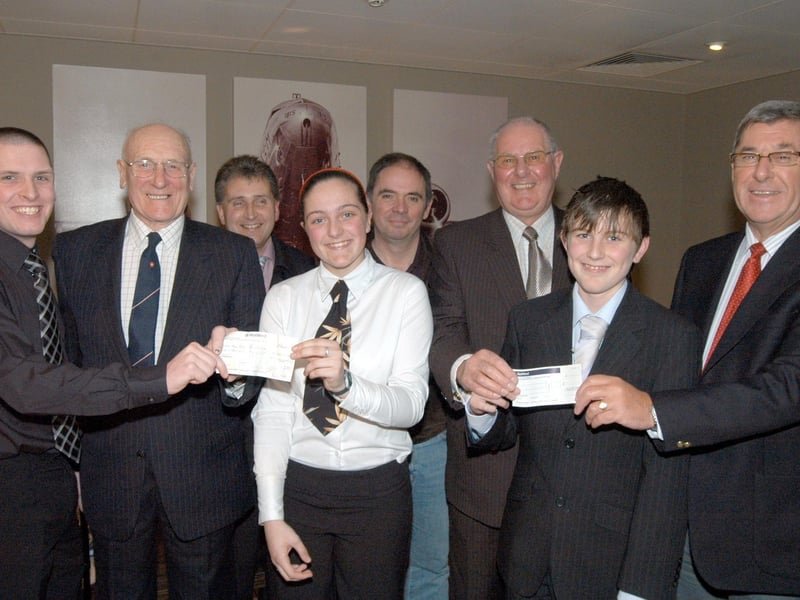 Stanton Hill Boys Brigade reveived cheques totaling £1,600 from Sutton S.O.S. and Sutton Freemasons at the Dakota Hotel, Annesley in 2008 to enable them to run the Duke of Endinburch Gold Award Scheme.  Handing the money over were Harry Lingard, second right, of Sutton S.O.S., John Howis, third right, of Sutton S.O.S. and Sutton Freemasons and John Taylor, right, of Sutton Fremasons. Receiving the money are from the left; Jim Wakeland, Paul Halfpenny, Nic Jenner, Doug Pritchard and Alex Davies.