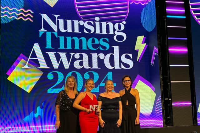 (l-r, Polly Weston, Association for Continence Professionals Chair (Lead Judge for the category), Katie Grant, Community Nursing Team Leader - Rushcliffe, Kay Richardson, Bladder and Bowel Nurse, and Emma Willis (Tv Broadcaster).