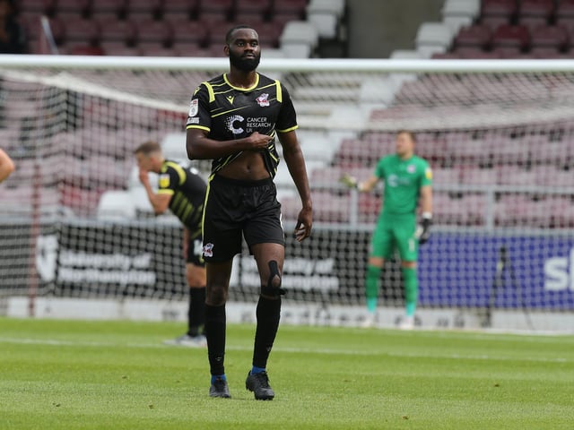 Scunthorpe United's Emmanuel Onariase is shown a red card at Northampton Town. Iron had five players sent off in their season to forget.