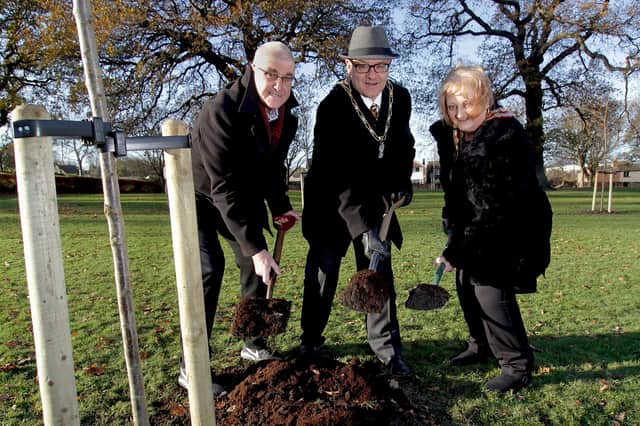 From left: David Bagshaw, leader of Eastwood Town Council; the Mayor of Broxtowe, councillor Richard Macrae; and the Mayor of Eastwood, councillor Susan Bagshaw, helped to plant the new trees.