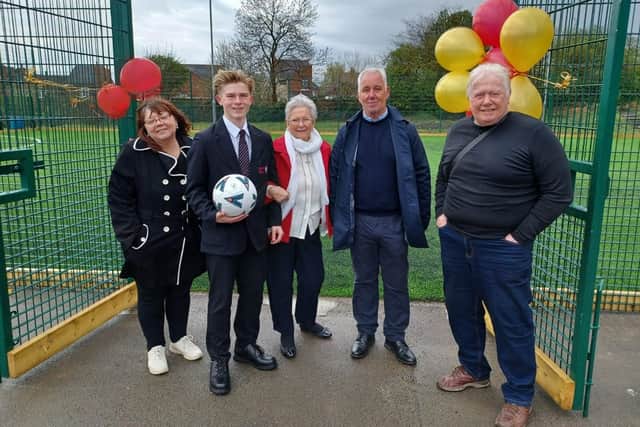 From left, Pinxton Parish Council clerk Lisa Powell, Kenzie, Coun Mary Dooley, Brian Wheatcroft and Coun Richard Street officially opening the new 3G pitch.