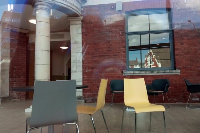 Seating in place at entrance to the Danum Gallery, LIbrary and Museum, next to the former Doncaster girls' high school frontage