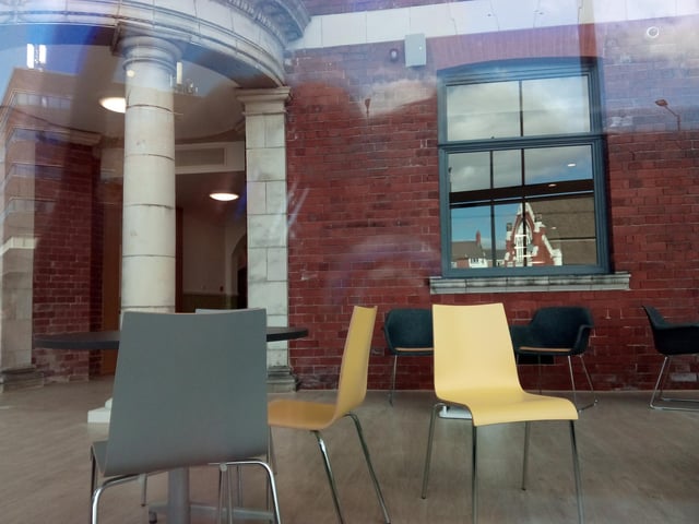 Seating in place at entrance to the Danum Gallery, LIbrary and Museum, next to the former Doncaster girls' high school frontage