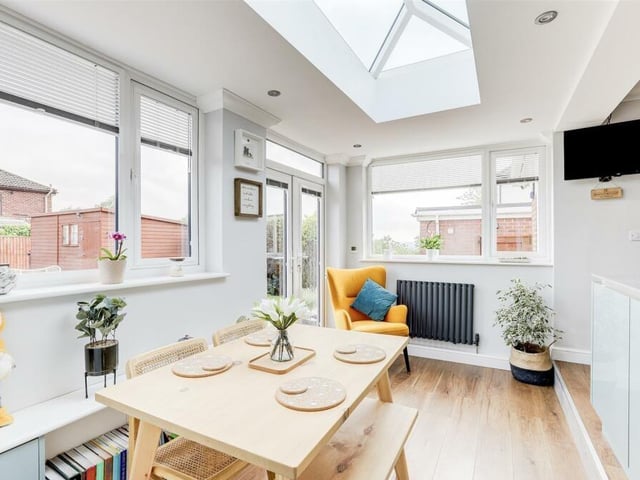 A striking feature of the dining area is its sky lantern roof. Double French doors open out to the rear garden, while a TV point and coving to the ceiling provide additional appeal.