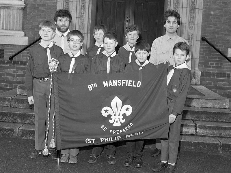 Mansfield 9th Scouts show off their new Flag in 1990.