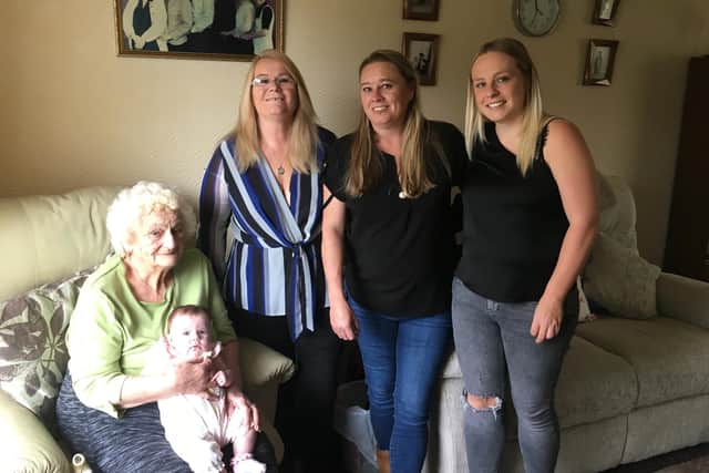 Pictured: Doreen Wood, 88, of Garibaldi,  Linda Cole, 63, Forest Town, Claire Ducker, 45, Mansfield Woodhouse,  Charlotte Ducker, 27, Mansfield Woodhouse, 
Elisia Buchanan, three months old Mansfield Woodhouse