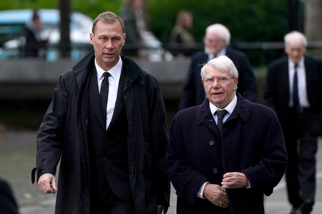 Everton assistant manager Duncan Ferguson (left) and James Mortimer attend the memorial service