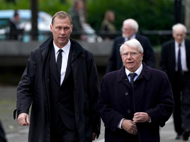 Everton assistant manager Duncan Ferguson (left) and James Mortimer attend the memorial service