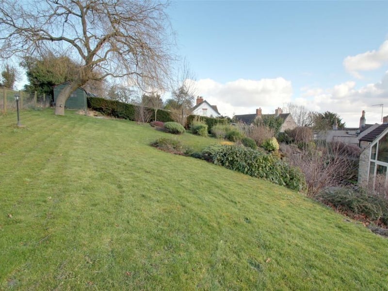 The extensive, sloping lawned garden at the back of the property. Shrubs, plants, bushes and trees abound.
