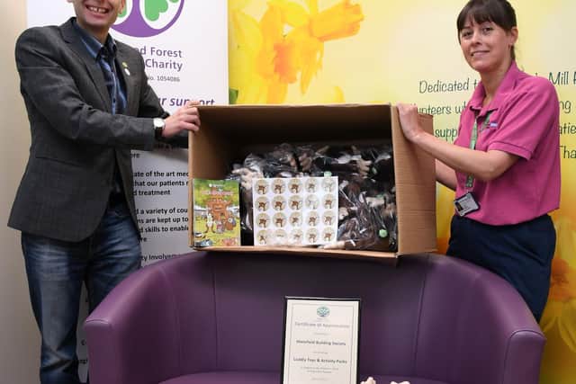 Mansfield Building Society Marketing Manager, Dale Twigger, and Community Involvement Coordinator, Joy Wilson, with the donation at King’s Mill Hospital.