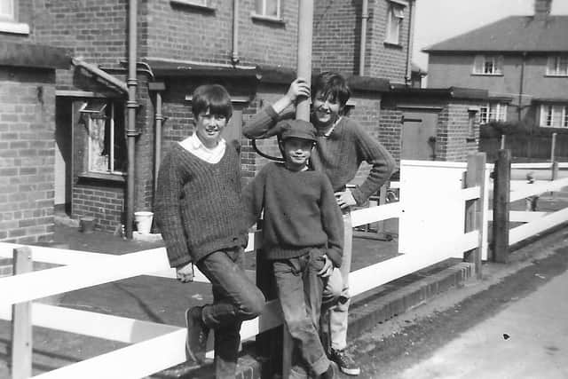 The second photo Steve is trying to recreate. Pictured at Brierley Cottages in Sutton in 1965 are (from left) David Godson, Donald Day and Johnny Gaunt.
