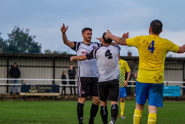 Clipstone celebrate Jack Warwick's opening goal. Pic by Dan Walker.
