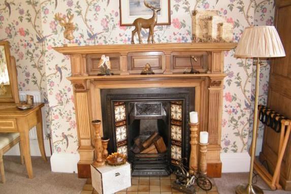 An ornate fireplace.