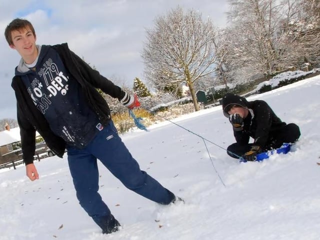 Warsop teenagers, then 15-year-olds Adam Ludgate and Ryan Arrowsmith are pictured sledging in the snow at The Carrs in Warsop in 2010.