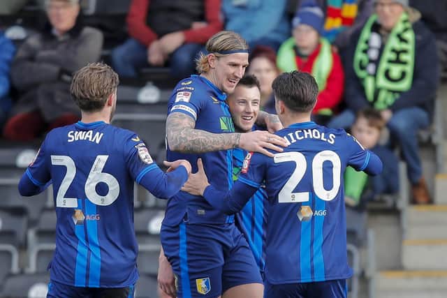 Stags go ahead during the Sky Bet League 2 match against Forest Green Rovers FC at the Fully Charged New Lawn, 10 Feb 2024 
Photo credit Chris & Jeanette Holloway / The Bigger Picture.media