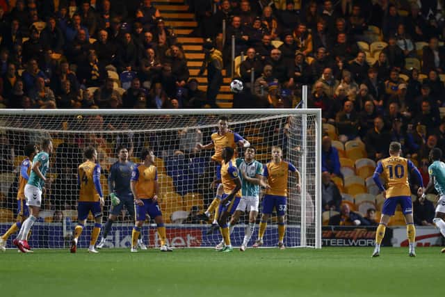 Stags in action at home to Newport earlier in the season - the game ended 0-0 and Stags had James Perch sent off.