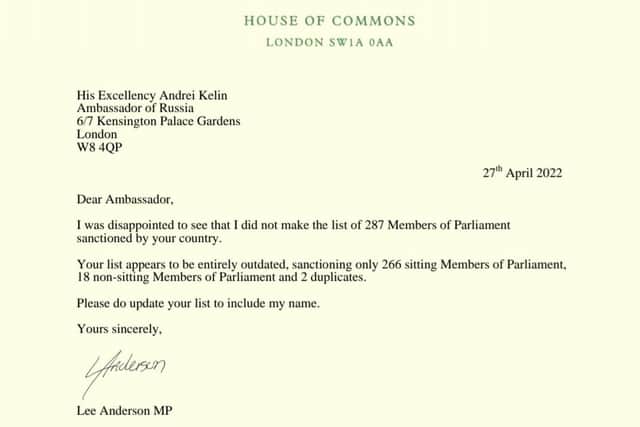 Ashfield MP Lee Anderson's letter to the Russian Ambassador.