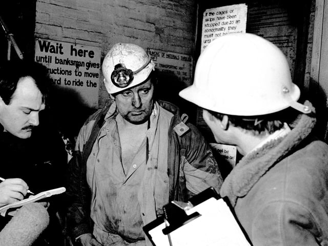 Mansfield Colliery -1988. Miner Robert Gripton chats to the press at the end of his shift.