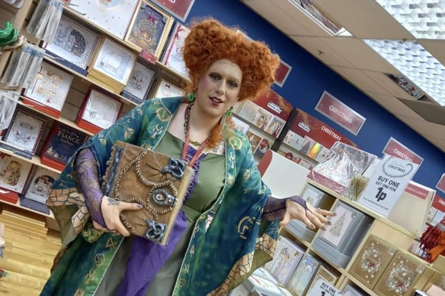 Matthew, supervisor from Clintons, turned into Winifred Sanderson for Halloween.
