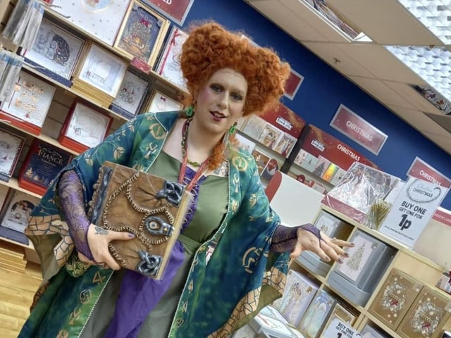 Matthew, supervisor from Clintons, turned into Winifred Sanderson for Halloween.