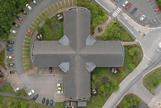 This aerial shot shows how the two-storey building is laid out in the shape of a Celtic cross.