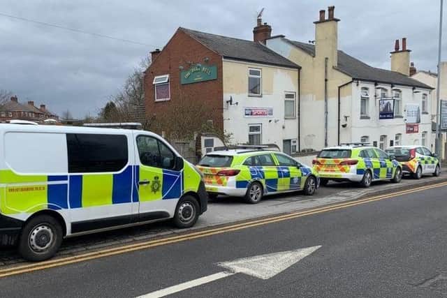 Police outside the Blue Bell pub on Mansfield Road, Skegby after closing it down during a coronavirus lockdown in March 2020.