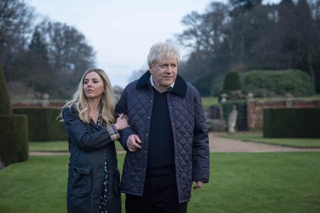 Ophelia Lovibond as Carrie and Kenneth Branagh as Prime Minister Boris Johnson in This England. Picture: ©Sky UK Ltd/Phil Fisk.
