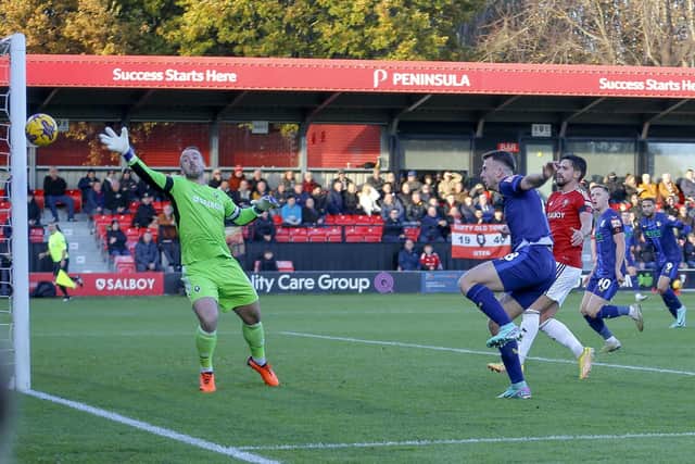 Rhys Oates goes close during the Sky Bet League 2 match against Salford City FC at The Peninsula Stadium, 11 Nov 2023 
Photo Chris & Jeanette Holloway / The Bigger Picture.media
