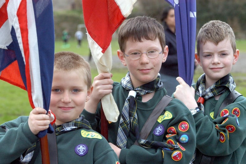 Harry Sargeant, left, Grant Doxey, centre, and David Lee members of the 5th Sutton Cub Scouts who carried the standards at the front of the Sutton St Georges Day Parade in 2006.
