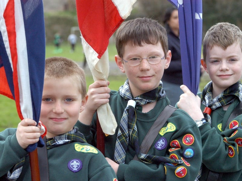 Harry Sargeant, left, Grant Doxey, centre, and David Lee members of the 5th Sutton Cub Scouts who carried the standards at the front of the Sutton St Georges Day Parade in 2006.