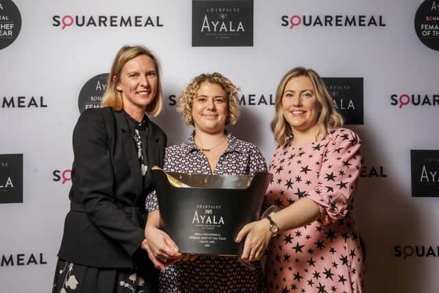 Sally Abé receives her award from SquareMeal Head of Content Caroline Hendry and Ayala Chef de Cave Caroline Latrive.