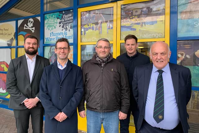 Helping to transform Mansfield's four leisure centres are: (from left) Warren Higgins, of Serco, Mansfield's mayor, Andy Abrahams, Coun Andy Burgin, of Mansfield District Council, Jack Garner, of Serco, and Brian Taylor of the More Leisure Community Trust.