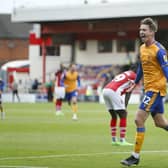 Mansfield's Ollie Hawkins celebrates his late goal at Crewe. Photo: Chris Holloway/The Bigger Picture.media