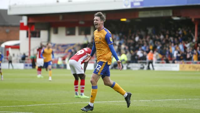 Mansfield's Ollie Hawkins celebrates his late goal at Crewe. Photo: Chris Holloway/The Bigger Picture.media