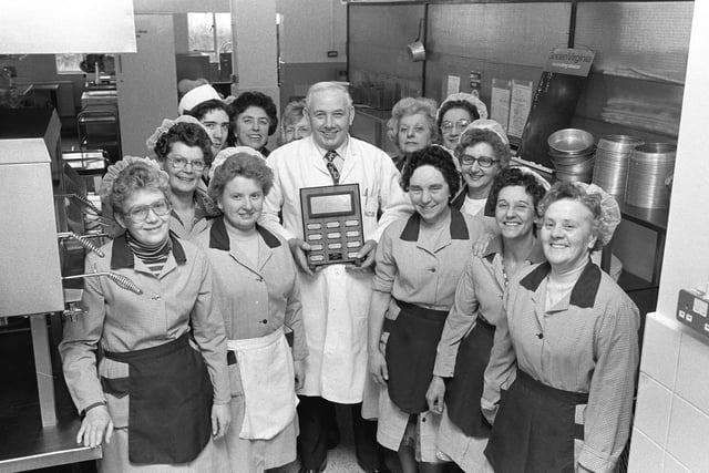 Edward Gale, Canteen Manager at Clipstone Colliery pictured with his staff after they won the NCB Canteen of the Year award in 1980.