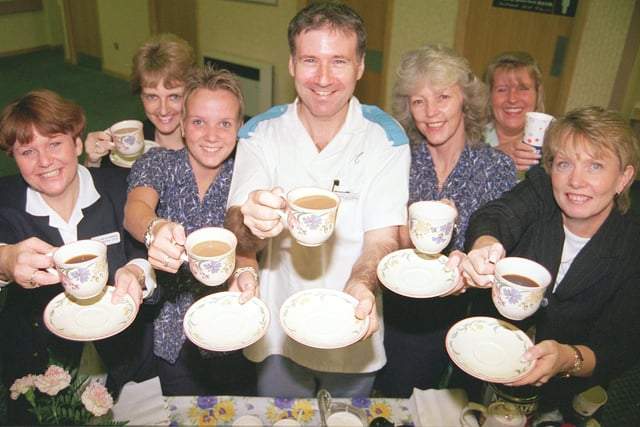 The Chesterman Unit of the Northern General Hospital took part in the  World's biggest coffee morning in aid of Macmillan Cancer relief  in 1999 pictured are Julie Broadhead, Cheryl Drake, Stefan Pietnik, Sue Batten, Lorna Wattan, Tracy Unwin, Claire Weiss and Louise Jepson