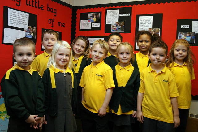 2009: Pupils at Nuthall's Larkfields Infant School celebrate their recent good report from Ofsted.