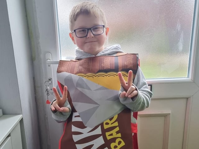 Billy, age 8, from Mansfield, is dressed as a Wonka Bar from Charlie and the Chocolate Factory.