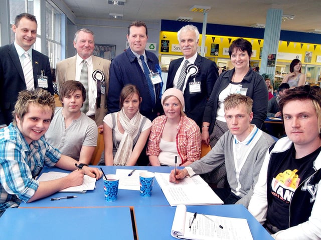 Election candidates, standing from left, Jason Zadrozny, Liberal Democrat, Eddie Smith,  Mark Spencer, Conservative, Andre Camilleri, Independent, and Tracy Critchlow, Conservative, pictured with students from West Notts College who put questions to their visitors in 2010.