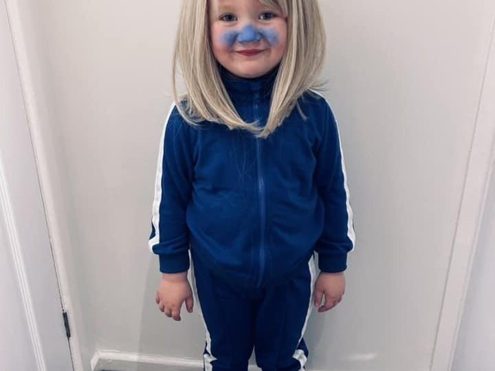Hallie, aged three, as Violet Beauregarde.