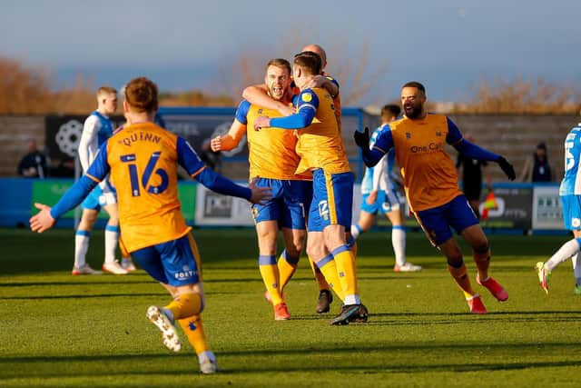The team celebrate Rhys Oates' early goal. Photo by Chris Holloway/The Bigger Picture.media