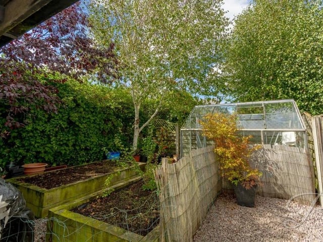 A quiet area of the garden with room for a small greenhouse and for growing vegetables.