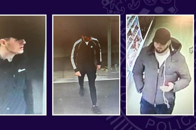 Police officers would like to trace the three men pictured in these CCTV images