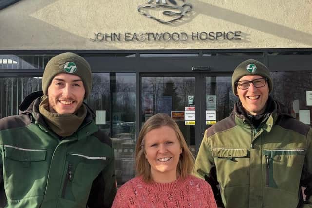 Dave and Sam, with Tracey Joyce, the manager of John Eastwood Hospice.
