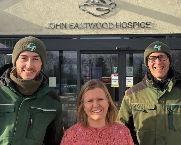 Dave and Sam, with Tracey Joyce, the manager of John Eastwood Hospice.