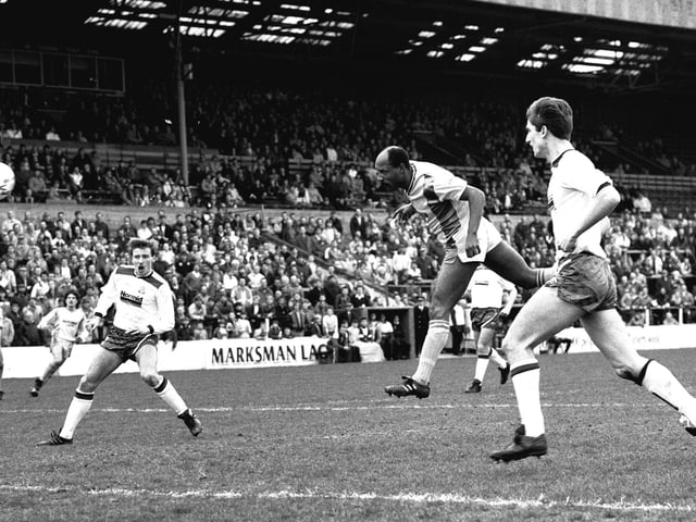 Keith Cassells heads for goal against Bolton in March 1990.